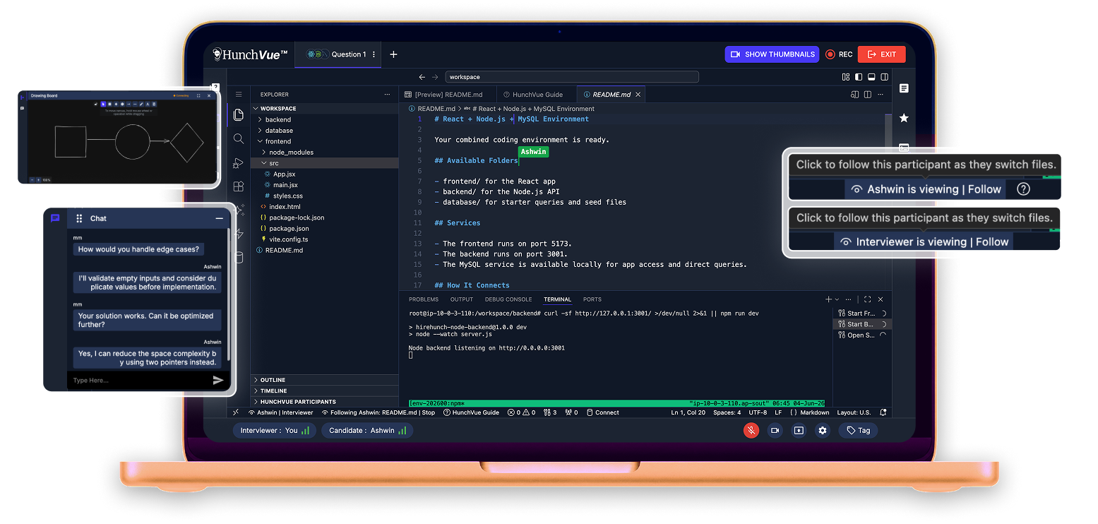 HunchVue Live Coding Interview Platform for pair programming interviews