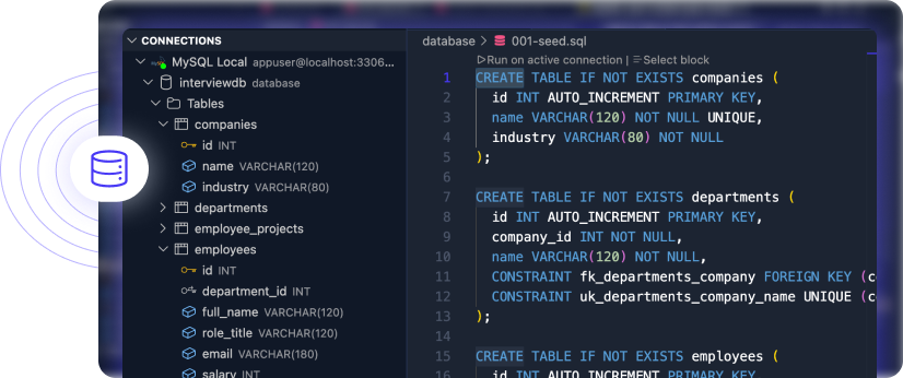 HunchVue SQL Interview Tool for backend developer and data engineer coding interviews