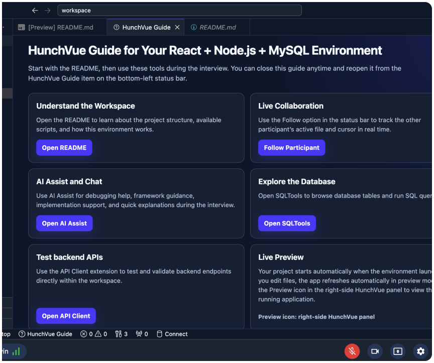 HunchVue interview sandbox environment guide for candidates