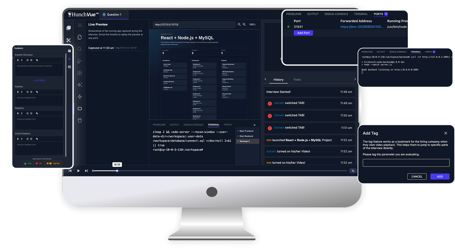 HunchVue Candidate Evaluation Platform with interview scorecards recording and playback timeline