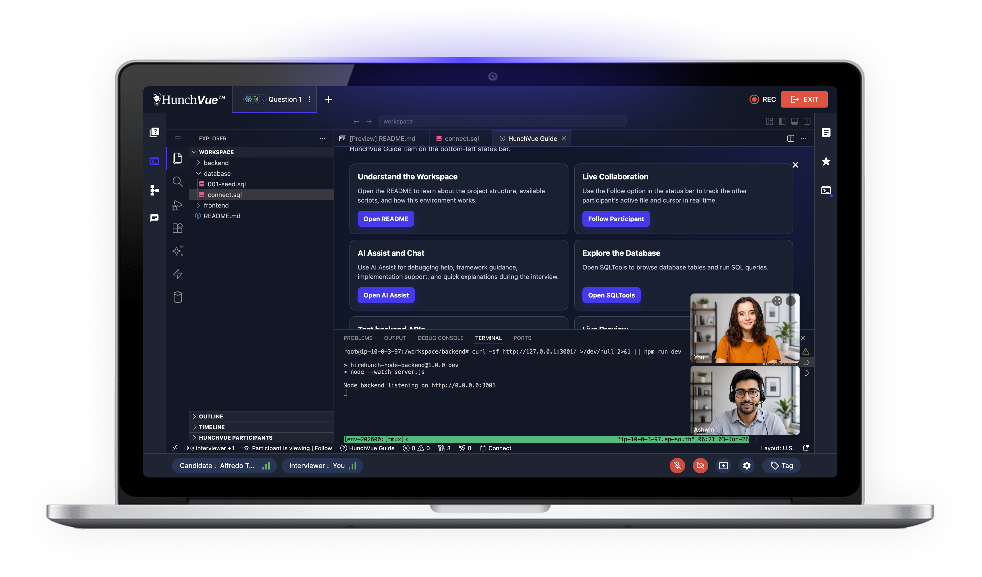 HunchVue Technical Interview Platform for AI-assisted live coding interviews