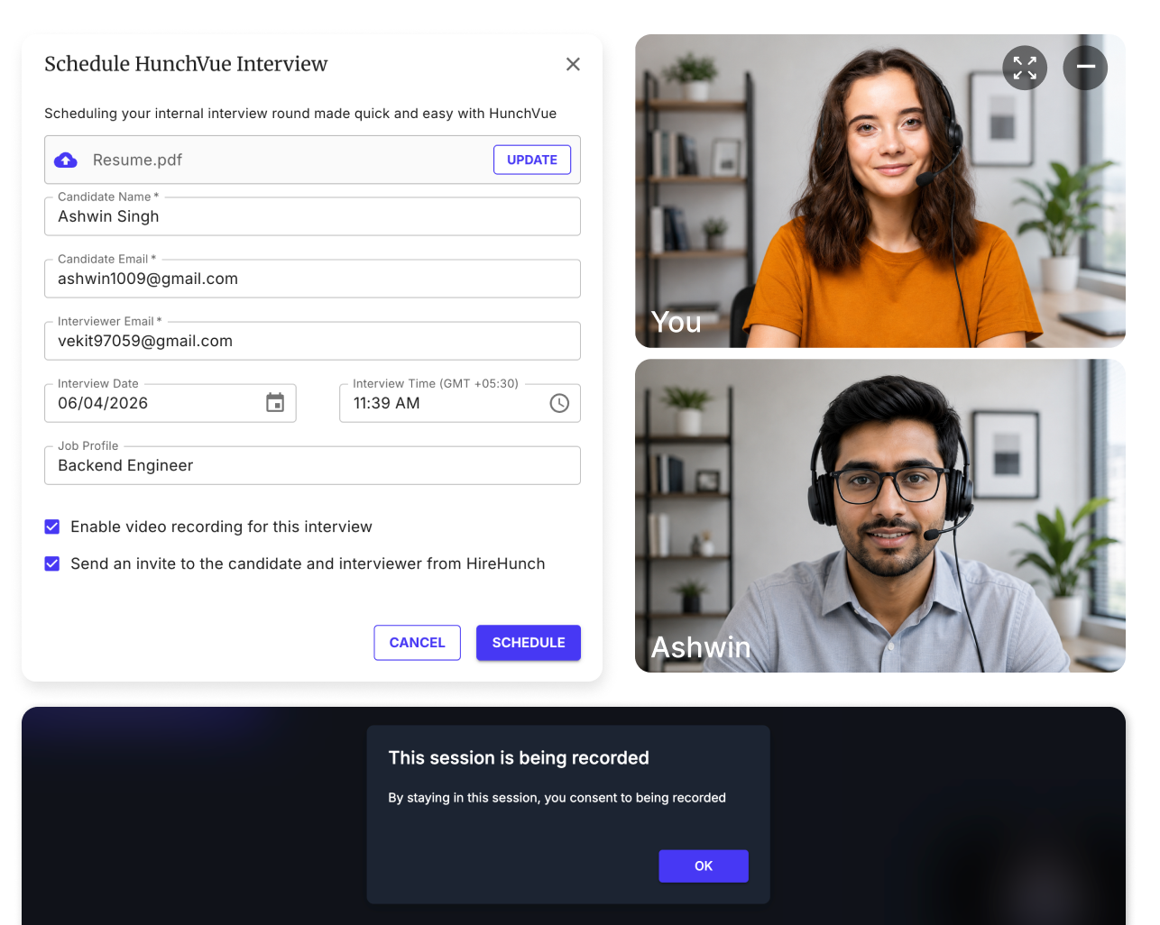 HunchVue Interview Scheduling Software for role-based technical assessments
