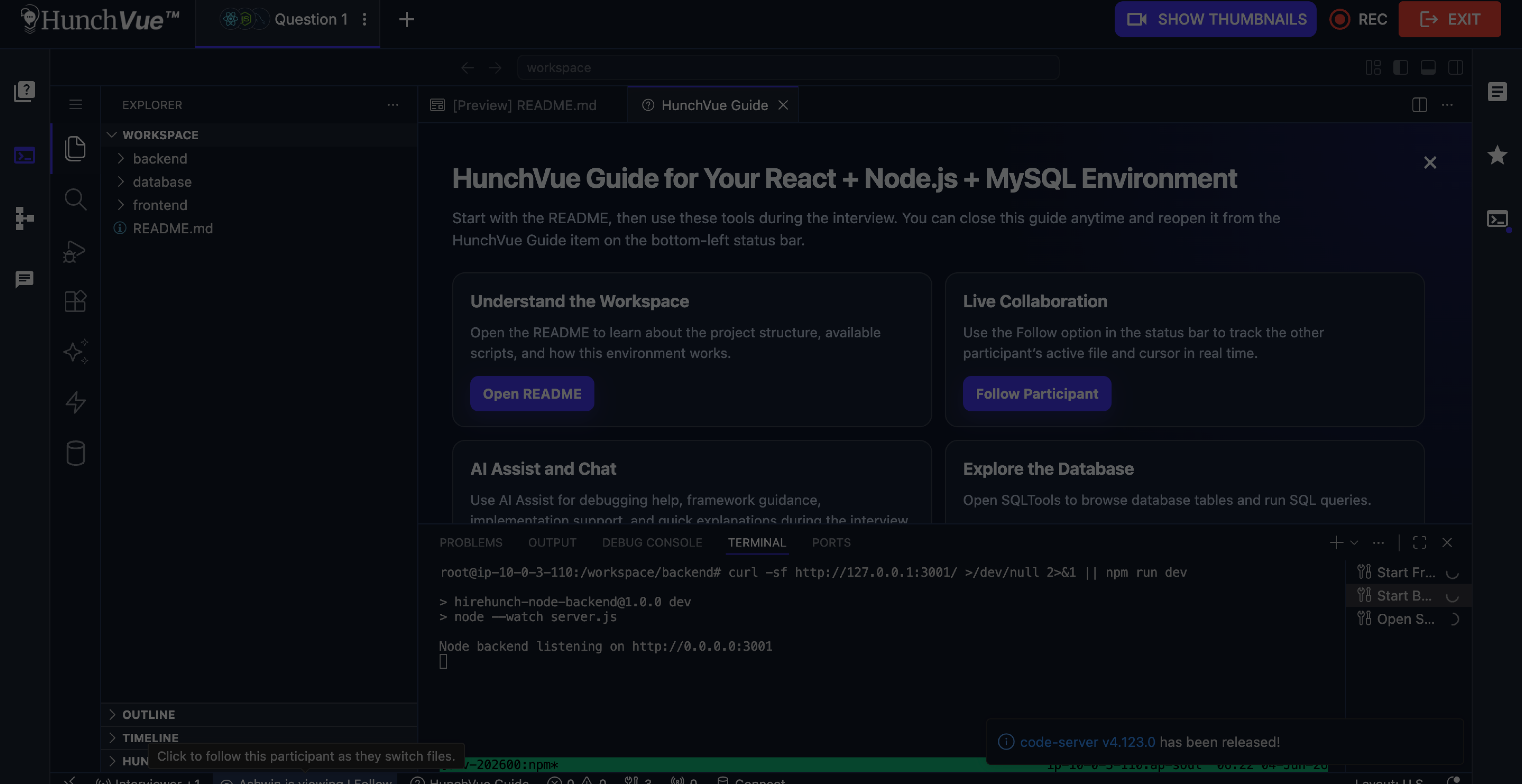HunchVue technical interview workflow video preview for live coding interviews